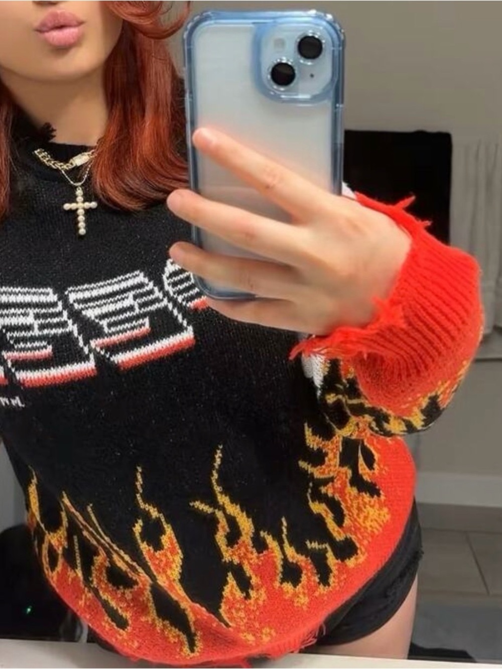 Distressed Flame-Print Sweater - Black & Red